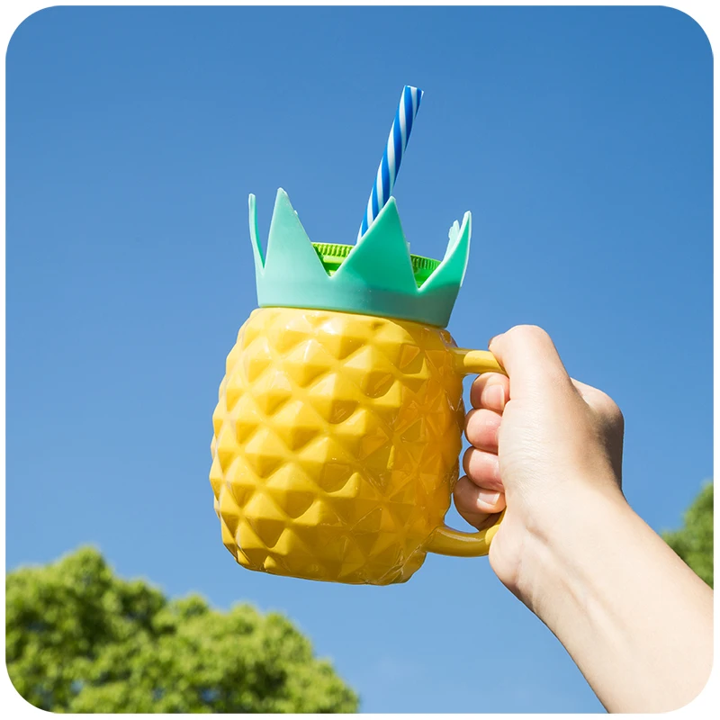 Summer straw glass coffee mug cute tea cup cartoon pineapple cups and