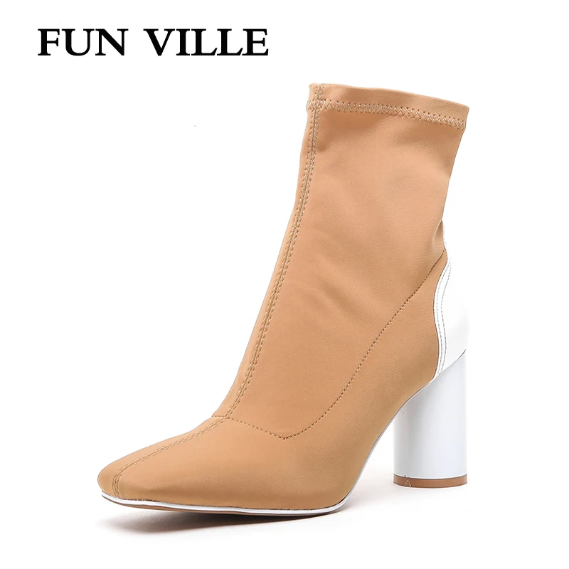 Qualité Talons Black Bottes Dames Stretch Sexy Slip Mode Automne Ville Cheville De Tissu Fun Hiver Haute Sur Chaussures Lycra apricot Femmes D92EHI