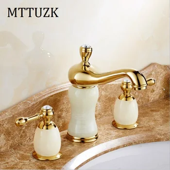 

MTTUZK Jade Brass Rose Gold Deck Mounted Dual Handle 3 Holes Basin Sink Faucet Bathroom Waterfall Faucet Bath Triple Taps