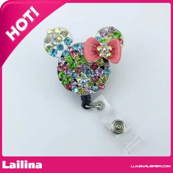 

Colorful Rhinestone Pink Bow Minnie Mouse Head Retractable Black Badge Reel/ID Badge Holder/Pendant/Id Badge Holder