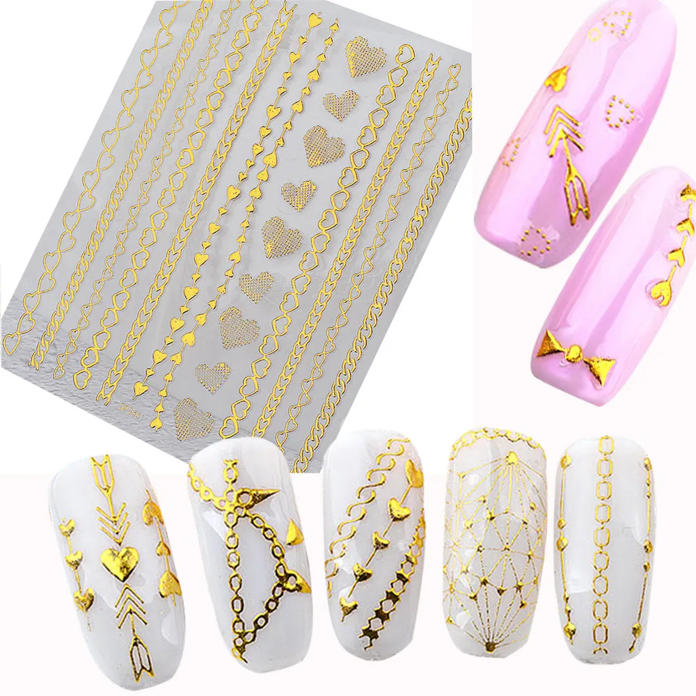 Новая мода наклейка на ногти водная набор 3D золотая Реалистичная цепочка молния задняя с клеем наклейка для ногтей наклейка пленка для ногтей 8W1