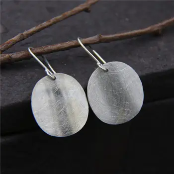 

C&R Real 925 Sterling Silver Earrings for Women Elliptical Brushed Surface Thai Silver Drop Earrings Handmade Fine Jewelry