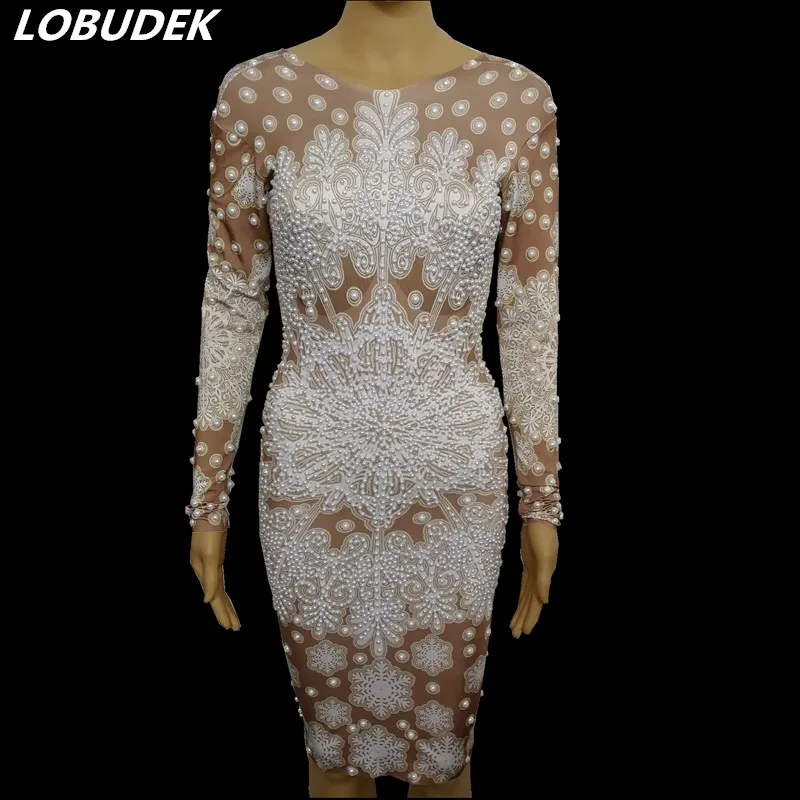 

White Snowflake Pattern Long Sleeve Pearls Dress Women Birthday Celebration Party Dress Singer Host Nightclub Bar Stage Costumes