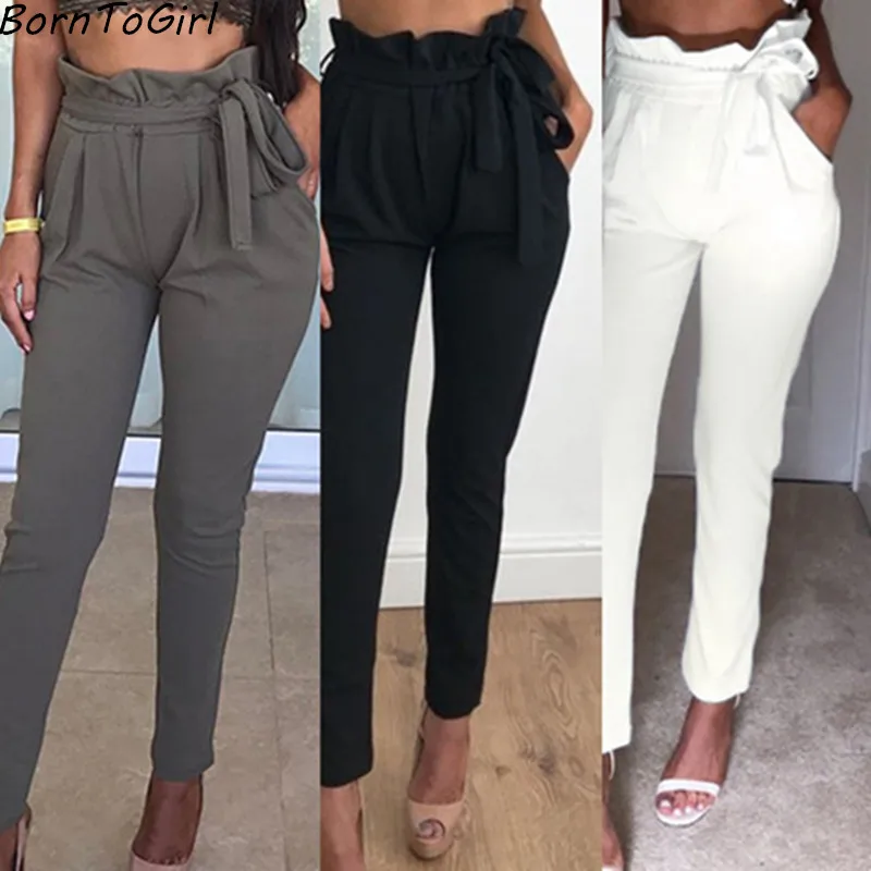 BornToGirl Elástica Pantalones Casuales Para Mujer de Cintura Alta Vendaje Pantalones Mujer Negro Gris Rosado|casual pants for women|pants for pants - AliExpress