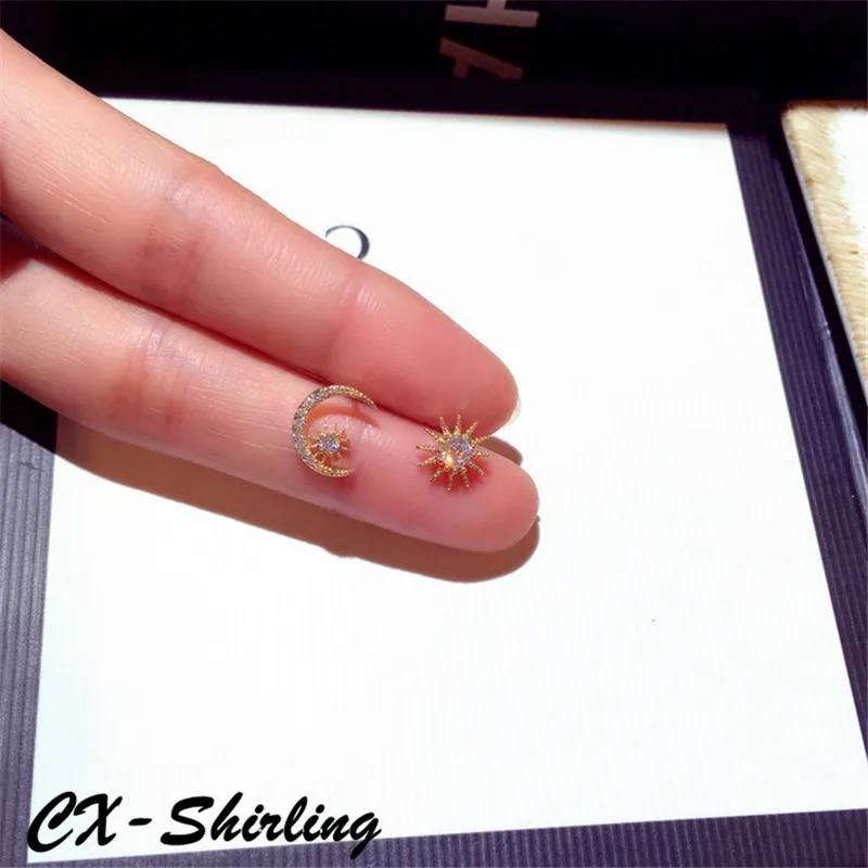 

CX-Shirling Fashion Anti-Allergy Earrings Women Elegant Shiny Crystal Sun Moon Star Stup Earrings New Silver Needle Earrings