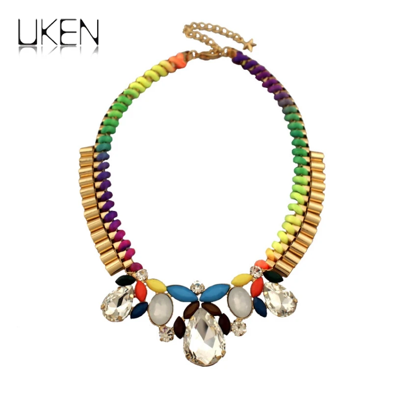 

UKEN Bohemia Crystal Rhinestone Resin Flower Choker Necklace Colorful Ribbon Cross Chunky Chain Statement Jewelry For Women