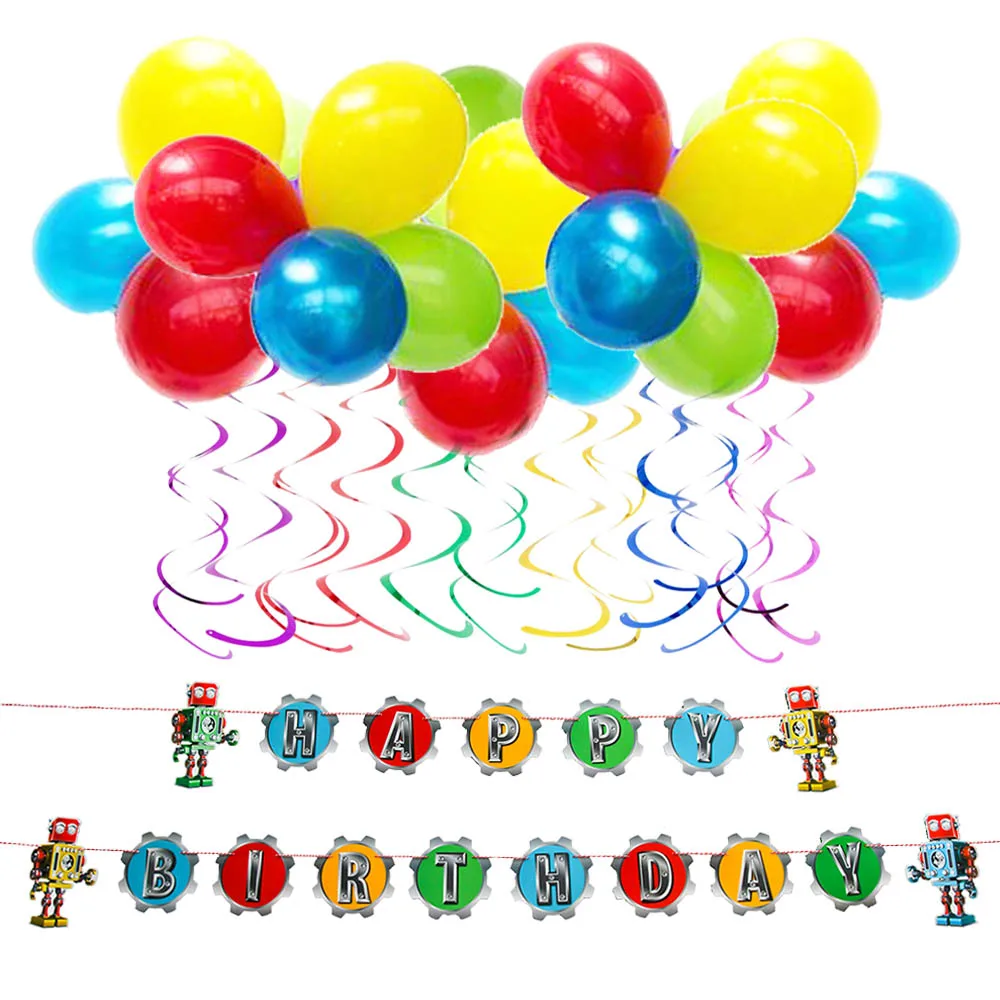 

7pcs Retro Robot Theme Birthday Party Decoration Set Transformer Gears Happy Birthday Banner Hanging Swirls Rainbow Balloons Boy