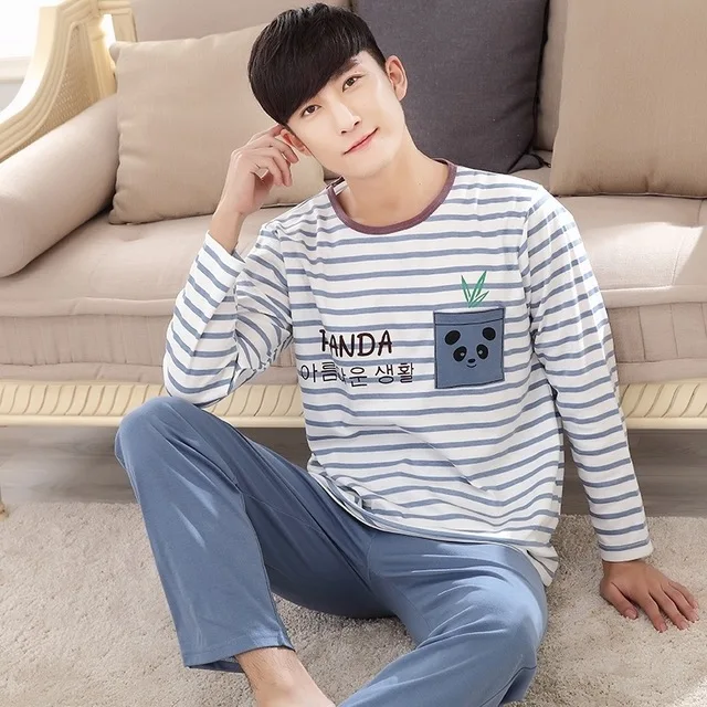 Autumn Wintetr  Long-sleeved Men's Cotton Pajamas Letter Striped Cartoon Pajama Sets Casual Men Pyjamas Plus Size L-4XL Pijama satin pajamas Men's Sleep & Lounge