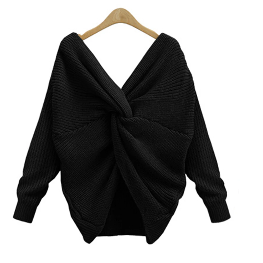 Модный весенний женский трикотажный свитер с открытой спиной и глубоким v-образным вырезом, пуловеры с открытой спиной, топы~ 3