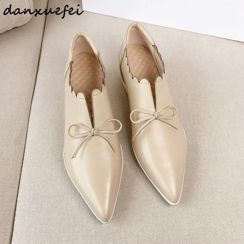 

Women's genuine leather slip-on flats pointed toe leisure soft espadrilles spring new bow tie cute female moccasins shoes sale