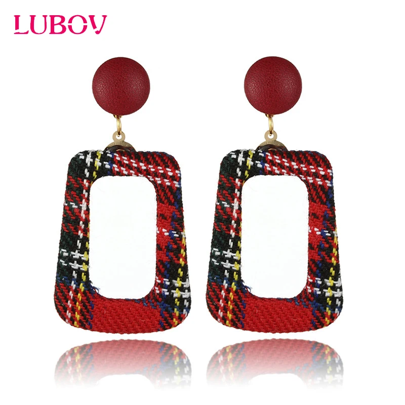 

LUBOV Fashion Grid Pattern Cloth Round Earrings Square Metal Frame Drop Earrings Novelty Women Jewelry 2018 New Arrival