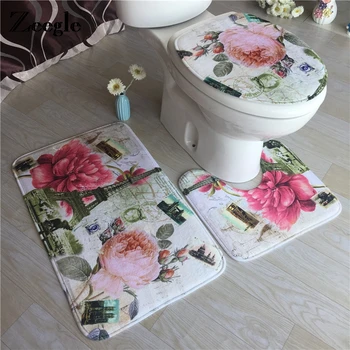 

Zeegle Floral Microfiber Bath Mats Set Flannel Pedestal Rug Lid Toilet Cover Bathroom Bath Mat Anti-slip Floor Rugs