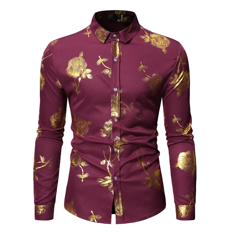 Goedkoop Mens Gold Rose Bloemenprint Shirts 2019 Merk Bloemen Steampunk Chemise Wit Wedding Party Lange Mouwen Bronzing Camisa Masculina