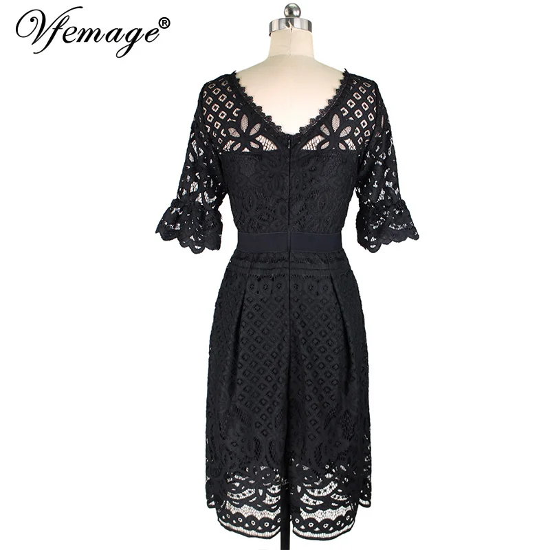 Vfemage женщин Винтаж See Through Floral Lace Bell рукава карманы лоскутное Вечеринка Fit and Flare A Line