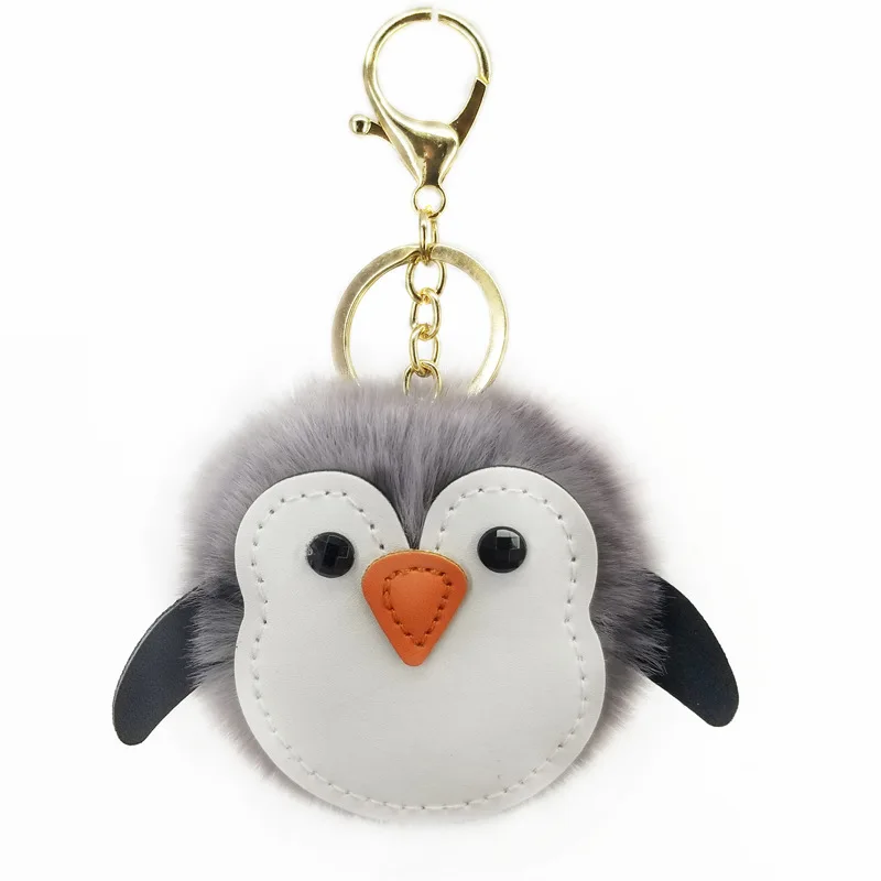 

New Hair Ball PU Penguin Metal KeyChain Plush Toy Gift Pendant Women Fluffy Fur Pom Pom Keyring Bag Hang