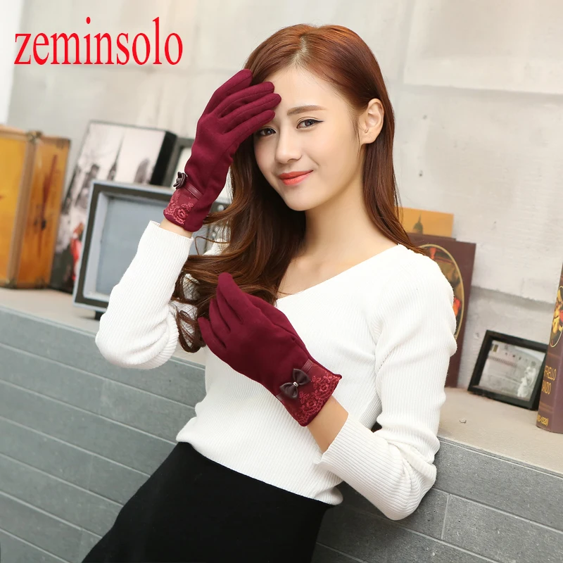 1 Pair Fashion Lace Bow Female Gloves For Touch Screen Winter Warm Leather Gloves Mittens Long Wrist Solid Soft Gloves Women