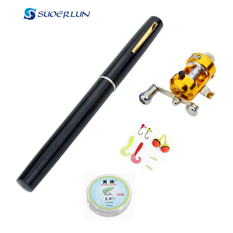 

mini pocket fishing rod in pen case/pole rod drum reel or aluminum wheel portable pen fishing rod