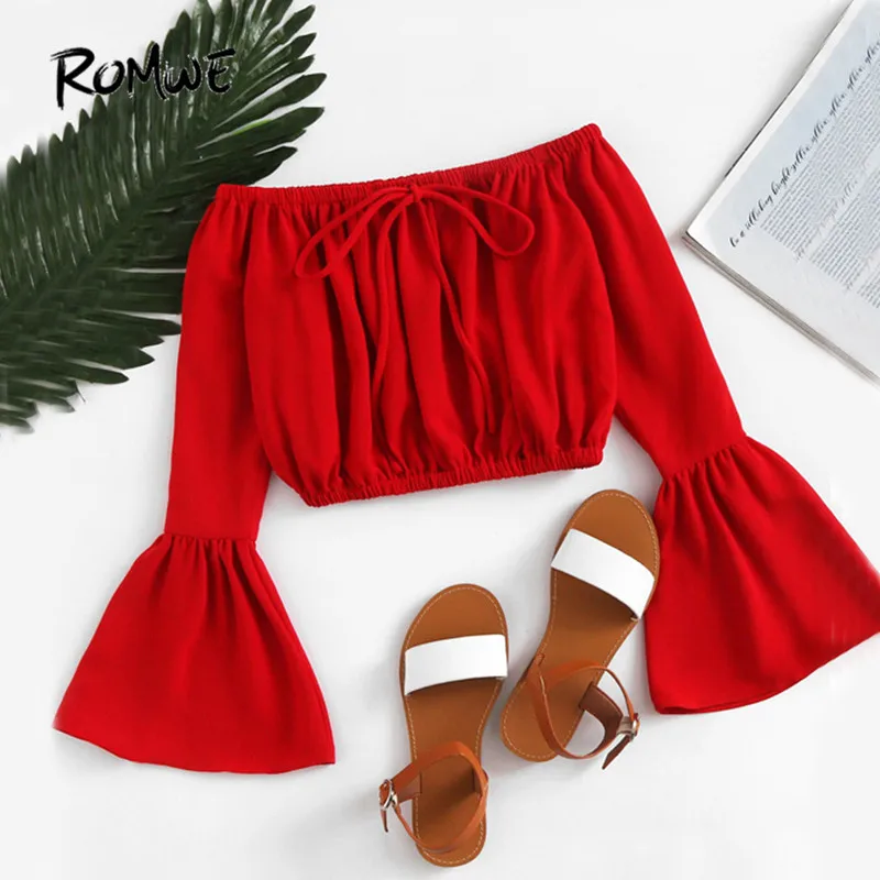 

ROMWE Off Shoulder Crop Blouse Fluted Sleeve Red Tops Women Drawstring Summer Tops Fashion Cut Bow Tie Holiday Sexy Blouse