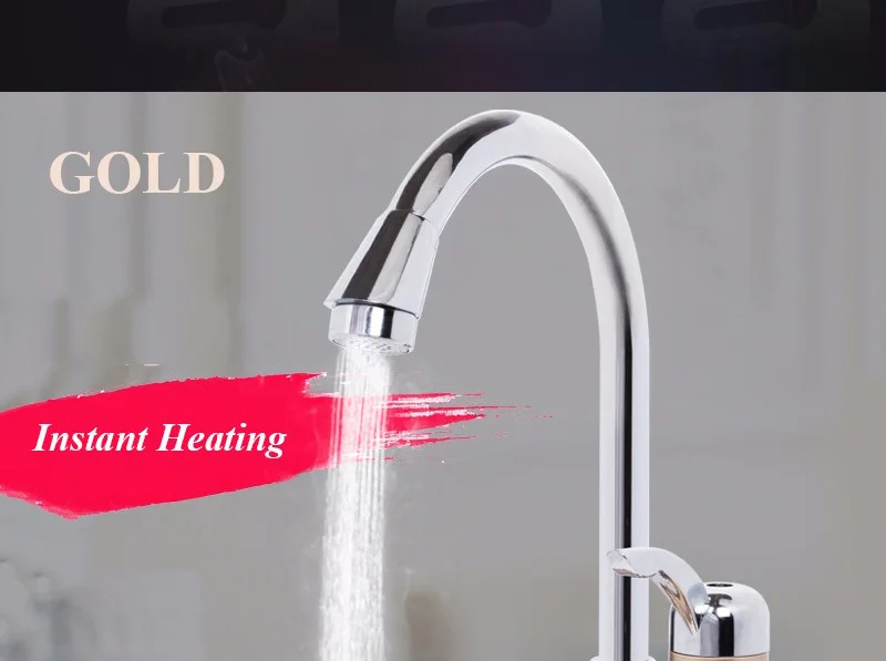 EU Plug Gold Faucet Water Heater Kran Instant Tankless Hotwater Boiler Kraan Kitchen Heating Crane With LED Light Kocher Bib Tap