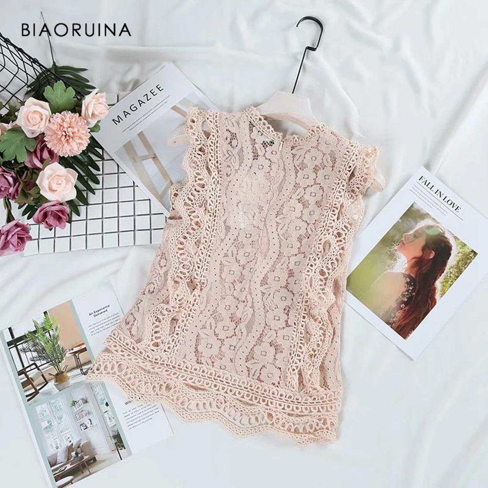 BIAORUINA النساء مثير الصلبة الدانتيل خليط كل مباراة تانك القمم الصيف الإناث خمر قدس خارج أكمام س الرقبة تانك القمم