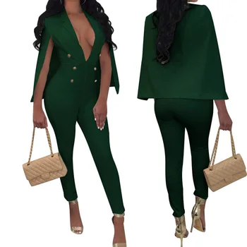 

Fashion Sexy Elegant Jumpsuit Overalls Women Long button Loose Slim Casual green black Romper Autumn V neck Bodysuit with Shawls