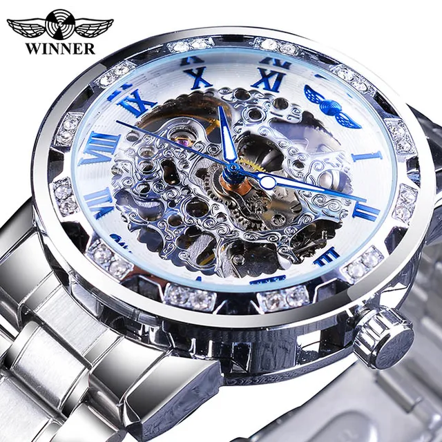 Winner Golden Watches Classic Rhinestone Clock Roman Analog Male Skeleton  Clocks Mechanical Stainless Steel Band Luminous Watch|Mechanical Watches| -  AliExpress