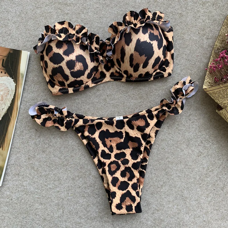 

Vertvie Women Bikini 2019 Swimwear Sexy Leopard Printed Swimsuit Ruffle Bikini Set Push Up Bathing Suit Female Brazilian Biquini