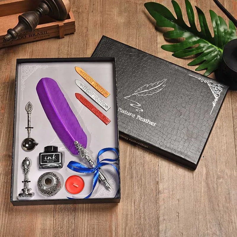 Миниатюрная винтажная авторучка с подарочной коробкой, многоцветная ручка-перо, индивидуальная ручка с чернилами, набор металлических перьев, Канцтовары на подарок