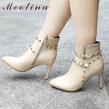 Meotina/Женская обувь; женские ботильоны с заклепками, на высоком каблуке свадебные женские туфли; белые сапоги, зимние сапоги на молнии, с пряжкой, острый носок обувь ручной работы