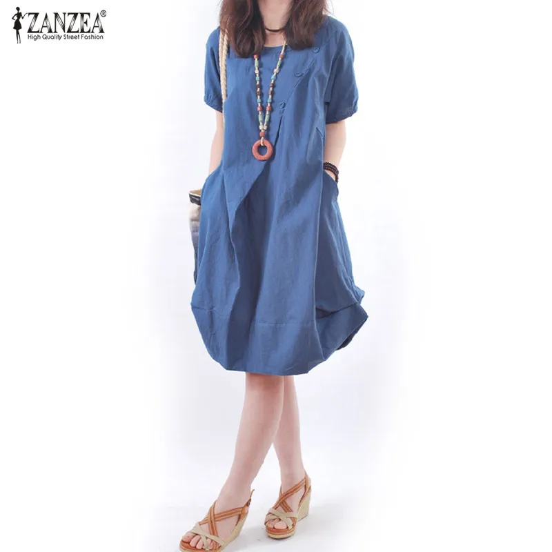 

ZANZEA 2019 Women Cotton Linen Dress Summer Dress Short Sleeve Pockets Casual Loose Mid-Calf Vestido Robe Femme Plus Size S-5XL