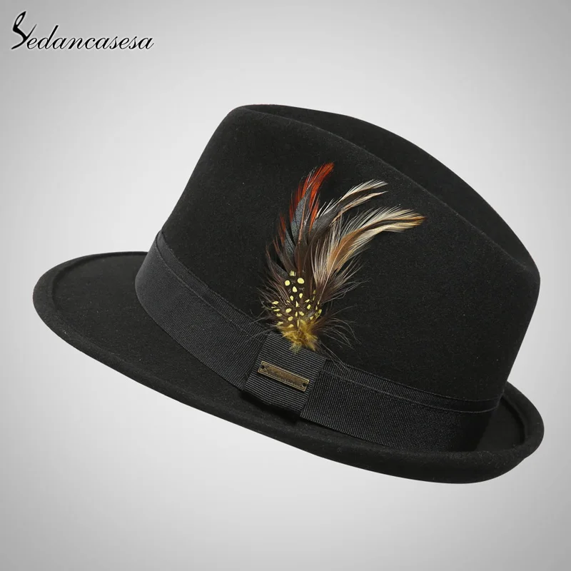 Fashion Men Winter Black Feather Felt Hat Wide Brim Fedora Top Hat