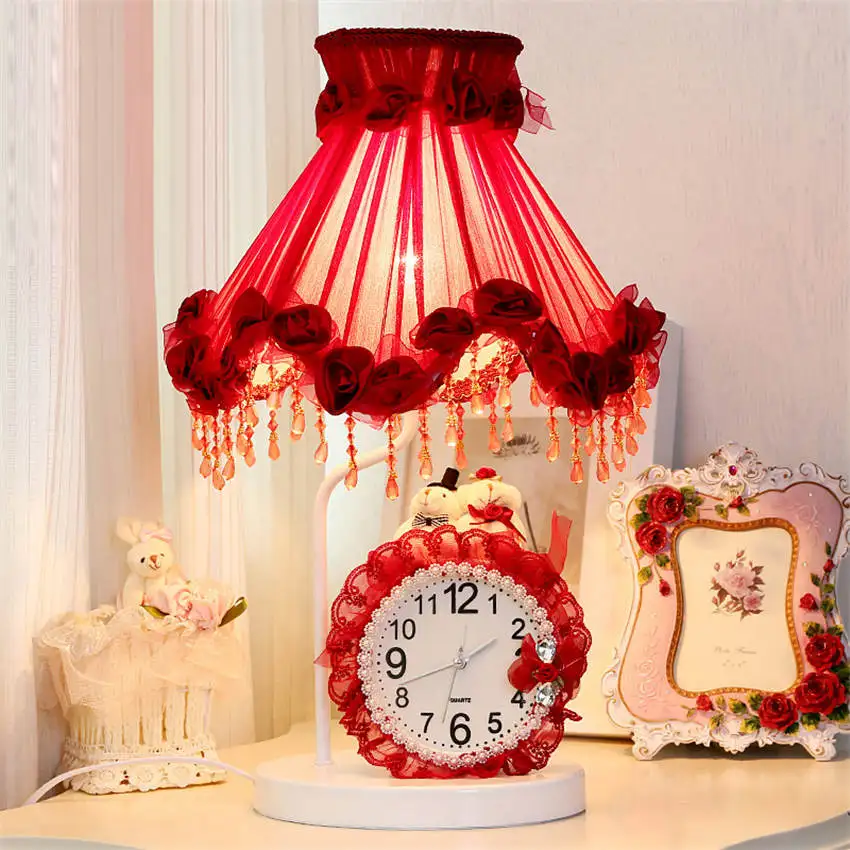 

art deco Romantic Country style red fabric clock table lamp for Marriage room study desk lamp living room decoration table light