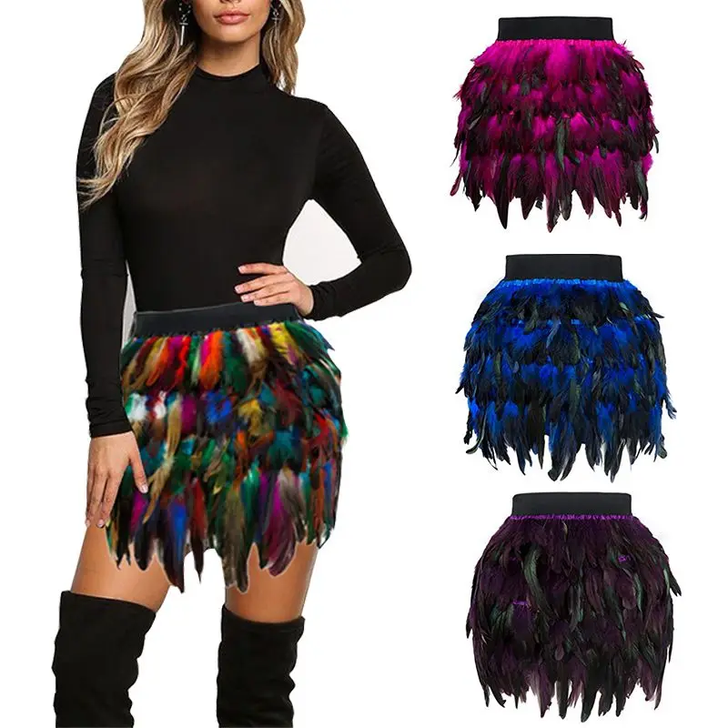 

2018 Rainbow Newly Concise Luxury Sexy Style Fashion Women Christmas Santa Halloween Faux Feather Cosplay Mini Skirt DROPSHIP T7