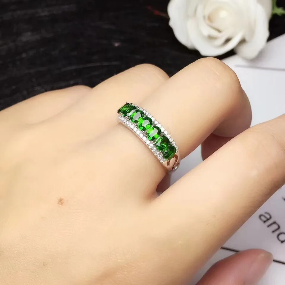 

Natural Diopside ring Free shipping Natural green diopside 925 sterling silver Fine jewelry ring For men or women 3*4mm 7pcs