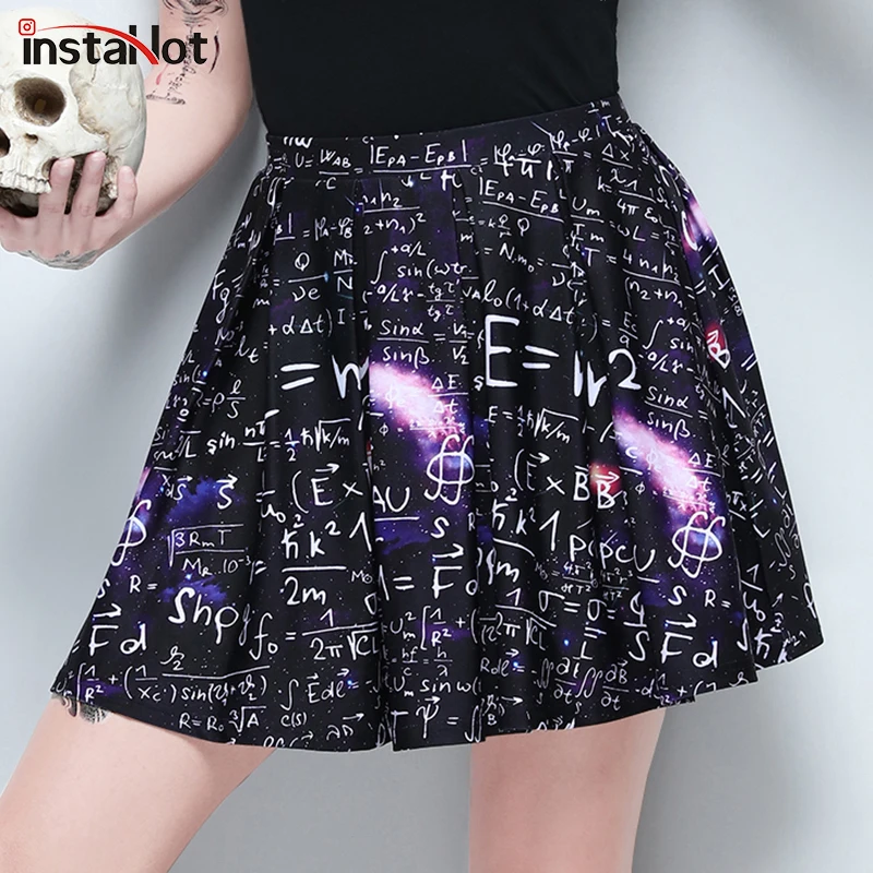 

InstaHot Albert Einstein Galaxy Space Formula Print Mini Skirt Women Sexy Transparent T Shirts High Waist Pleated Stretchy 2019