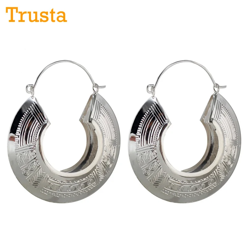 

Trusta 2017 New Bright Silver Hallow Out Stuff 2.2"X2.5" Vintage Style Charm Hoop Earrings Unique Women's Jewelry AD07
