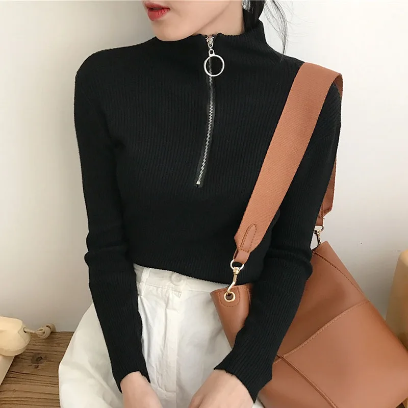 

Zipper Turtleneck Sweater Skinny Elastic Solid Knitted Pullover Long Sleeve Women Sweater Autumn Fashion Silm Female Short Tops