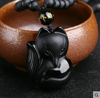 

(1pcs/lot) 100% natural obsidian quartz fox carving crystal pendant