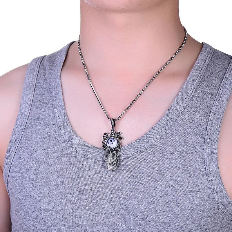Punk Evil Eye Feather Pendant Necklace For Men Stainless Steel Cool