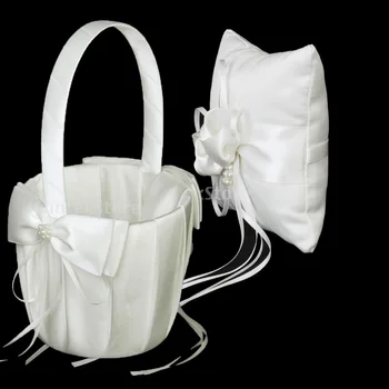 

New Wedding Ceremony Supplies Ivory Satin Crystal Ring Bearer Pillow + Flower Girl Basket Cushion Holder Wedding Decor Accessory