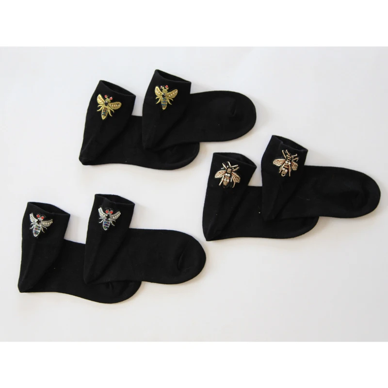 Vintage Fly Patterned Cool Harajuku Socks Women Fashion Rhinhstone Short Black Socks Hipster Female Funny Animal Socks