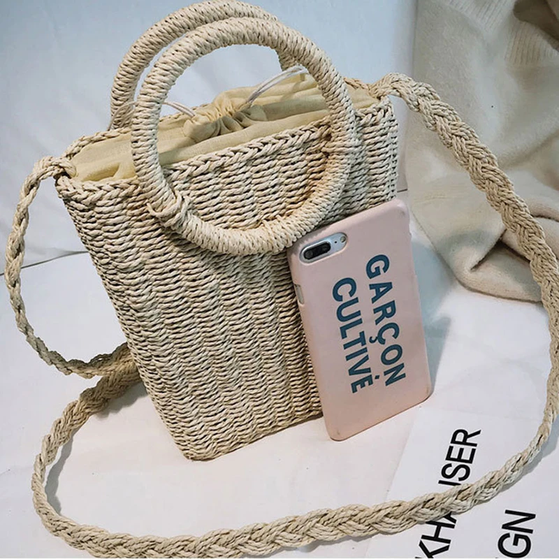 

LEFUR Rattan Bag Handmade Woven Bucket Clutch Handbag Straw Round Handle Shoulder Bag Women Summer Messenger Tote Bolsa Feminina