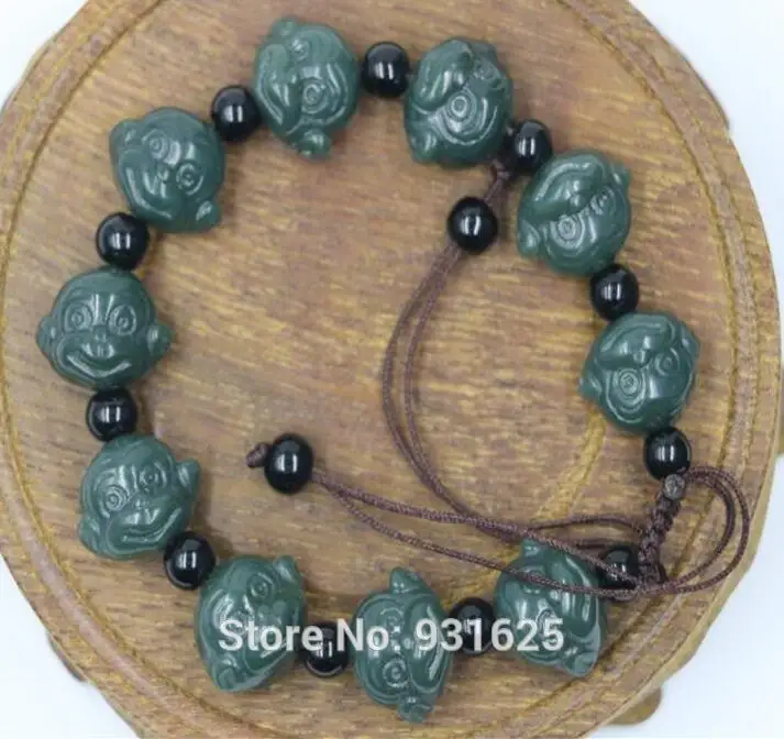 Genuine Natural Green HeTian Yu Carved Cute Monkey Beads Amulet Bracelet +certificate stretch Elastic Bracelets bangle jewelry | Украшения