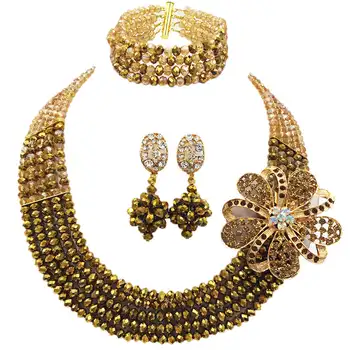 

Fashion Gold AB Golden Brown Crystal Beaded Necklace Nigerian Wedding African Beads Jewelry Set for Women 5L-SXJB20