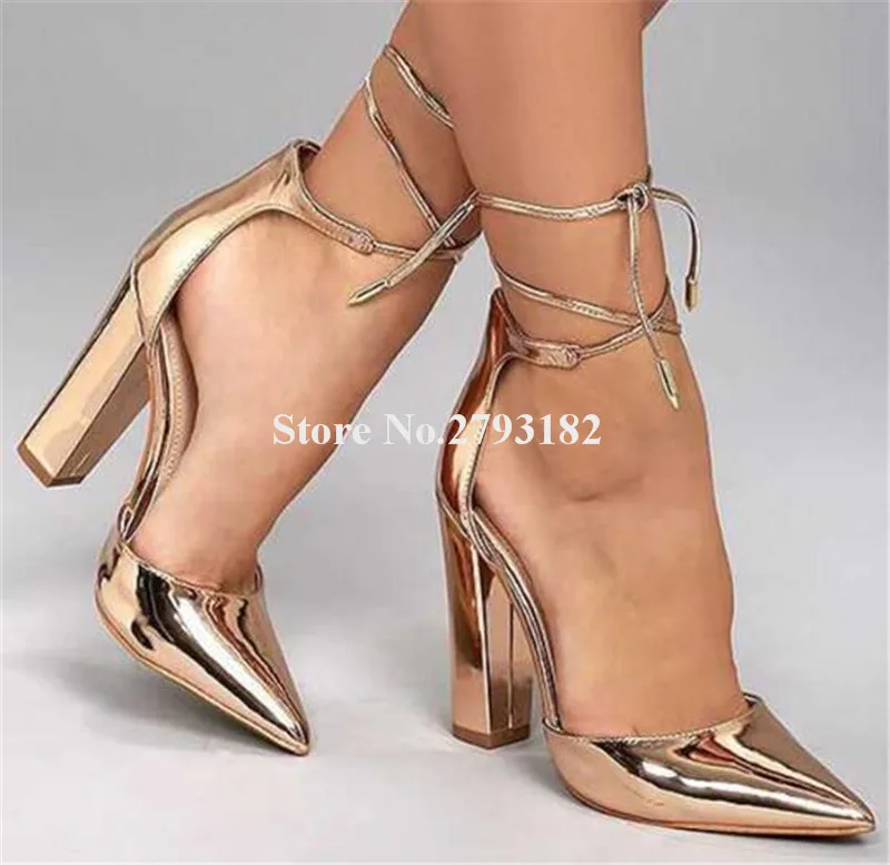 

New Fashion Women Pointed Toe Chunky Heel Pumps Gold Blue Ankle Lace-up Thick High Heels Formal Dress Shoes