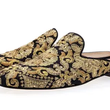 Роскошные вышитые шлепанцы ручной работы золотистого цвета; черные холщовые тапочки; мужские лоферы на плоской подошве без застежки; повседневная мужская обувь; chaussure homme;