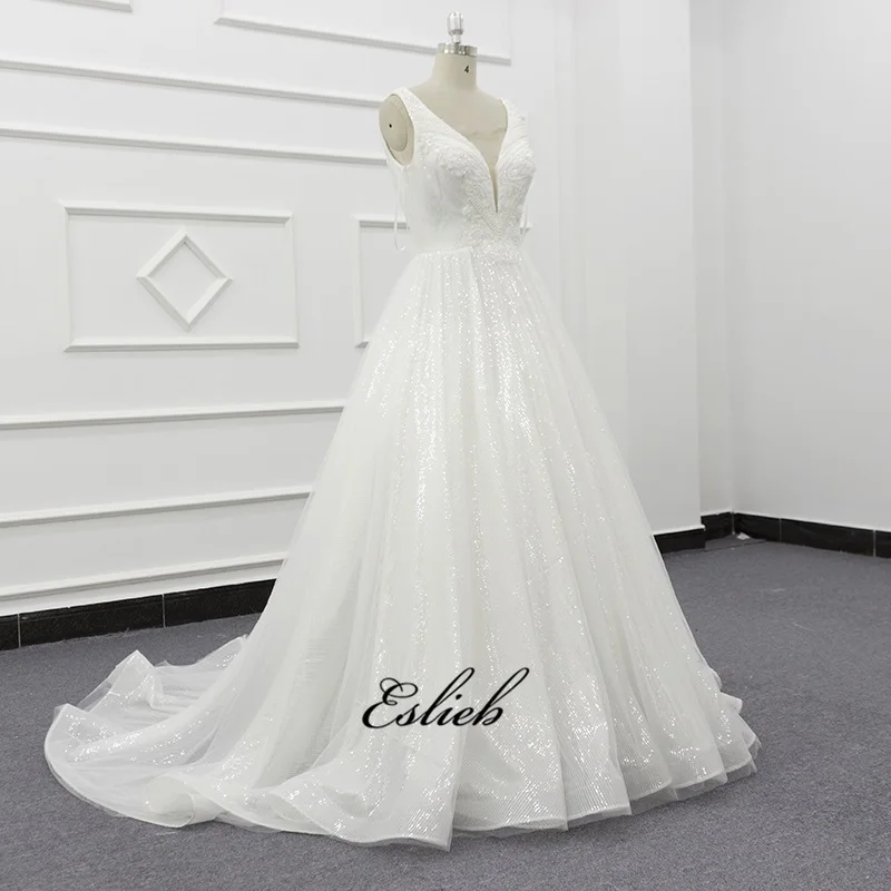 Eslieb/2019, блестящее свадебное платье с блестками, а-силуэт, тяжелый вышитый бисером корсаж, v-образный вырез, дизайнерское свадебное платье