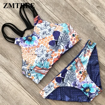 

ZMTREE High Neck Bikinis Set Double Sided Women Swimwear Bandage Swimsuit Cross Back Bikini Bathing Suit Maillot De Bain 2018 XL