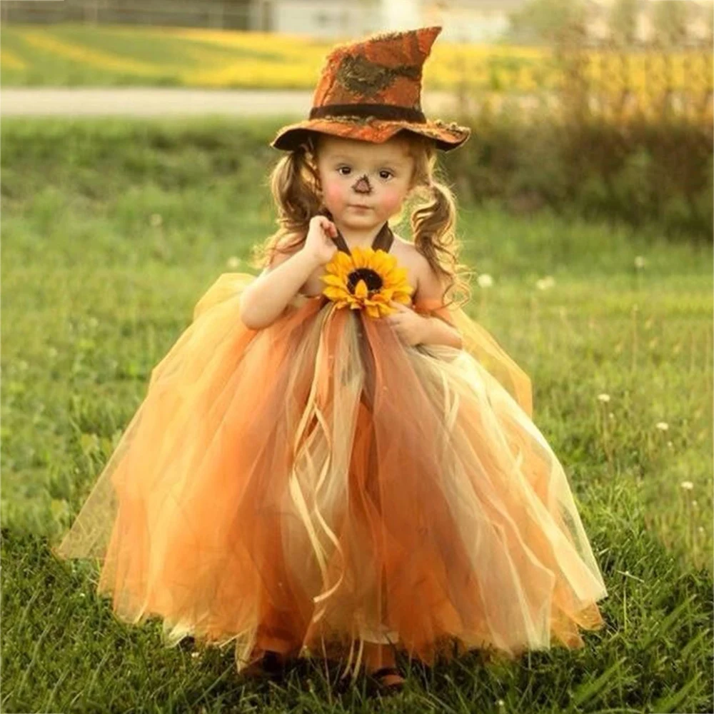 Halloween Scarecrow Costume for Girls Sunflower Dress Ankle Length Pumpkin Thanksgiving Carnival Tutu Dress Ball Gowns Children (12)