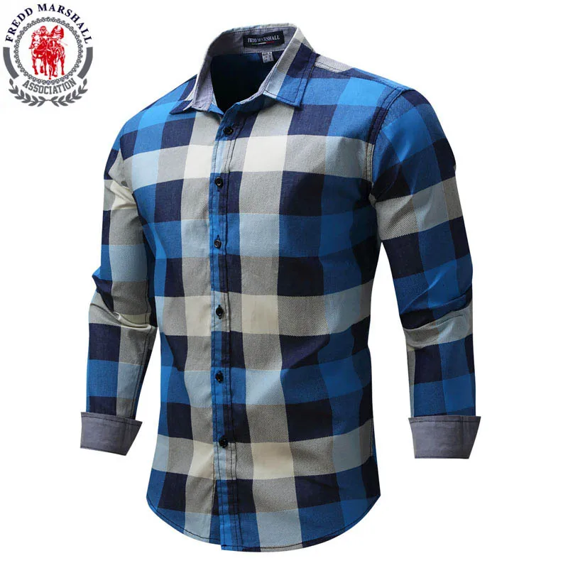 Fredd Marshall Men Plaid Shirts New Autumn Long Sleeve Slim Cotton Shirt Men  Brand Casual Denim Style Checks Blue Dress Shirts